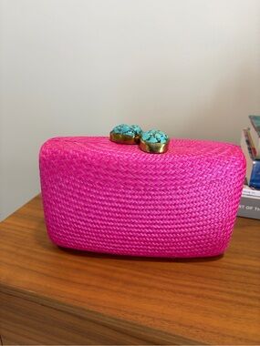 Handwoven Hot Pink Clutch with Turquoise Stone Accents